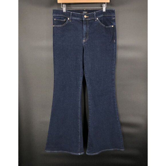 Express Women's 70s Flare Mid Rise Jeans 12R Blue Dark Wash y2k Cotton Blend - Picture 1 of 9